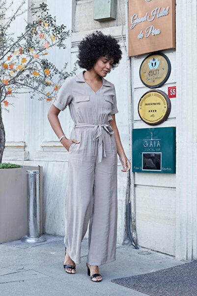 Jument Women's Silky Modal Fabric Collar Pocket Flap Front Zipper Elastic Waist Short Sleeve Loose Leg Jumpsuit-Duma