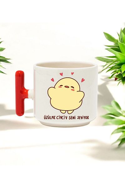 BB TRADE Don'T Be Sad Chick Designed Red T-Handle Ceramic Printed Mug 250 ml