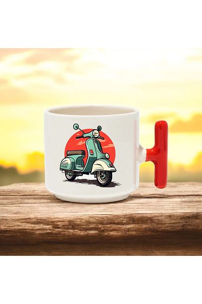 BB TRADE Motorcycle Designed Red t Handle Ceramic Printed Mug Cup 250 ml