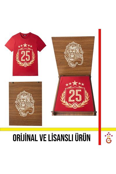 Galatasaray Licensed 2025 Championship Red Custom Adult T-Shirt Gift Lion with Wooden Box