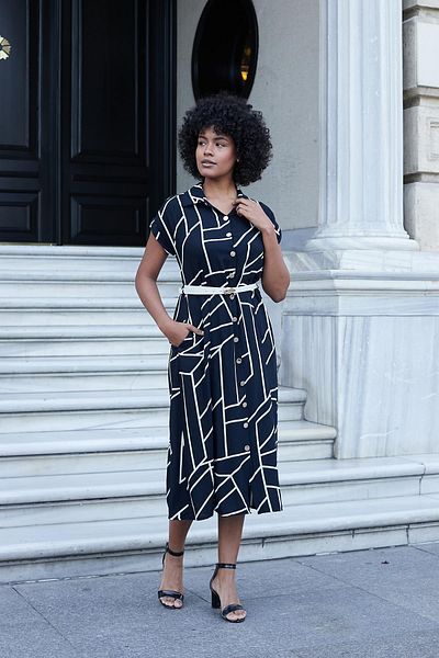 Jument Women's Patterned Collar Off-Shoulder Double Sleeve Belt Midi Length Dress (Leather Belt Included)-Black Checkered