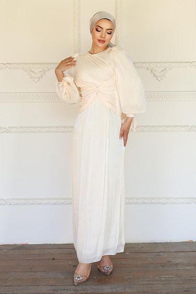 Olcay Yoryo Seiden-Hijab-Abendkleid mit Schwungrad und Schleife, detaillierter Ärmel, Krawatte, Elefantenzahn 1224