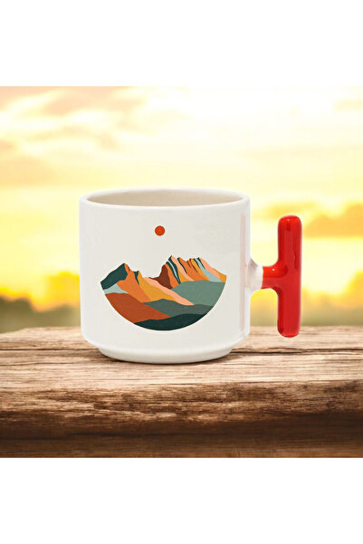 BB TRADE كوب سيراميك مطبوع بتصميم جبلي بمقبض على شكل حرف T باللون الأحمر سعة ...