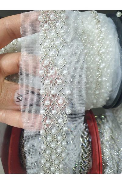 ESRA ŞELEM White Tulle Piping Pearl Beaded Decorative Ribbon Applique Sewing Accessory Hobby