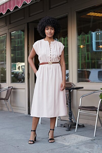 Jument Γυναικείο φόρεμα με απαλή υφή από μεταξένιο ύφασμα με λαιμόκοψη, ελαστική μέση, κουμπιά μπροστά και μήκος μέχρι το γόνατο-πέτρα