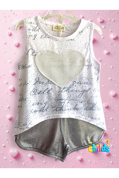 childs Bottom Top Summer Girls' Two-Piece Suit Heart Zero Sleeve Devore Combed Cotton Top Shiny Short Combed Cotton Shorts.