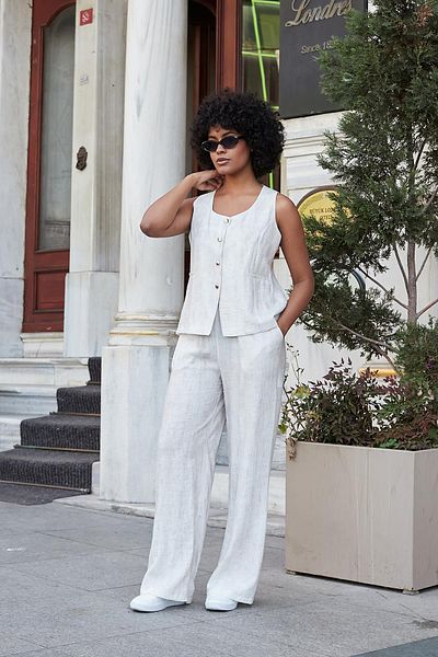 Jument Women's Linen Look Lycra Free High Waist Elastic Waist Side Pockets Wide Leg Palazzo Trousers-Cream
