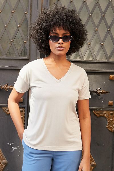 Jument Tricou cu mânecă scurtă pentru femei, modal mătăsos, din bumbac pieptănat, cu decolteu în V, cu umăr, bluză-piatră