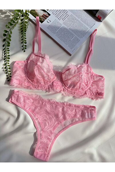 İNKO İÇ GİYİM Σετ στρινγκ σουτιέν χωρίς κάλυμμα με ροζ δαντέλα