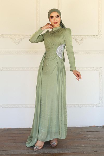 Olcay Yoryo Silk Hijab Evening Dress with Stone on the Waist and Drawstring Detail Çağla 1233