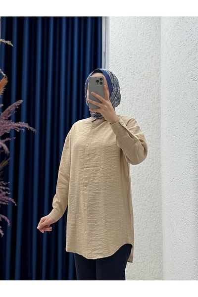 Mihra Sorenya Κοντό μπροστινό μακρύ πίσω μέρος από ύφασμα φράουλα πουκάμισο-Zİ2133 Mink