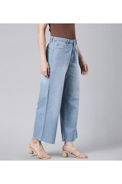 Go Colors Women's Solid Light Blue Denim High Rise Wide Jeans