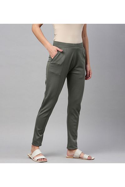 Go Colors Women's Solid Olive Green Stretch Ponte Pants