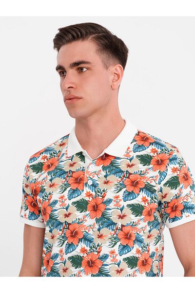 OMBRE Baumwoll-Poloshirt mit Blumendruck - weiß V1 OM-POSS-0149 XL