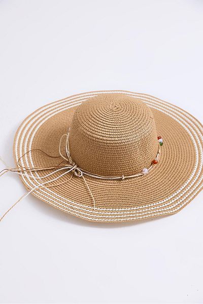 Raneel Kazançlı Alışveriş Bow Detailed Striped Straw Beach Pool Hat Mink