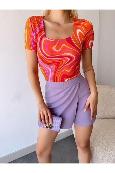 Bonne Maison Women's Orange Cream Pattern Square Neck Short Sleeve Viscose Blouse