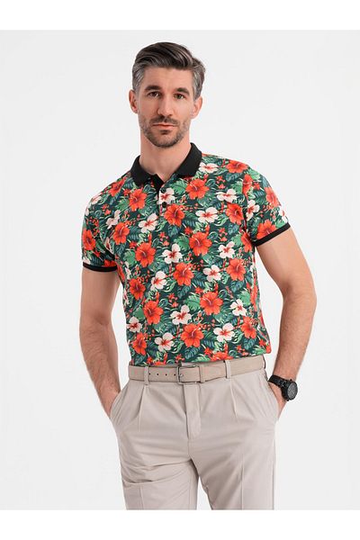 OMBRE Baumwoll-Poloshirt mit Blumendruck - schwarz V2 OM-POSS-0149 L