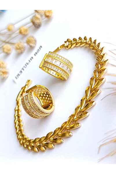 RSB Bijuteri Küpe Halka ve Bileklik Yaprak Zirkon Taş Altın Kaplama 316 L Çel...