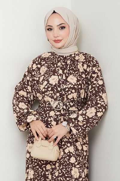 InStyle Shadow Flower Pattern Brown Viscose Dress