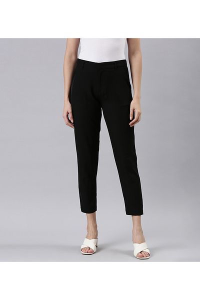 Go Colors Women's Solid Black Formal Trousers