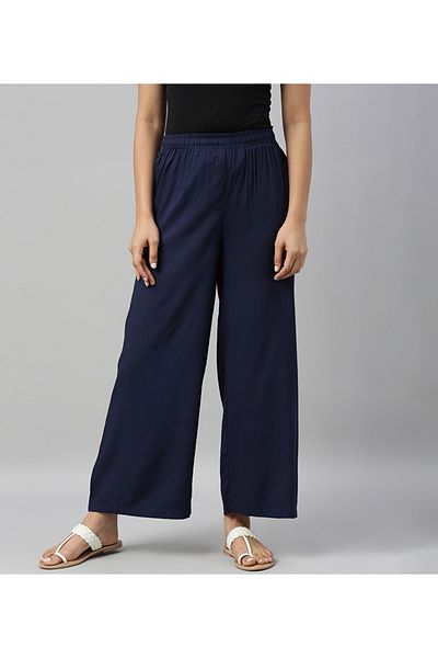Go Colors Women's Solid Navy Woven Viscose Mid Rise Basic Palazzos