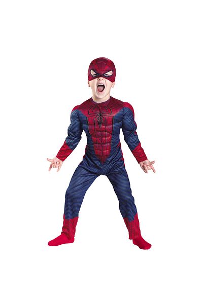 Depox Spiderman costume set with muscles, 2 launchers and LED plastic mask, red, 3-5 years, 100-110 cm