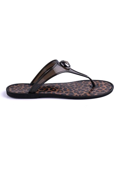 Enodia J-9003-2 Taşlı Leopar Desenli Siyah Jelly Parmak Arası Terlik – Kadın ...