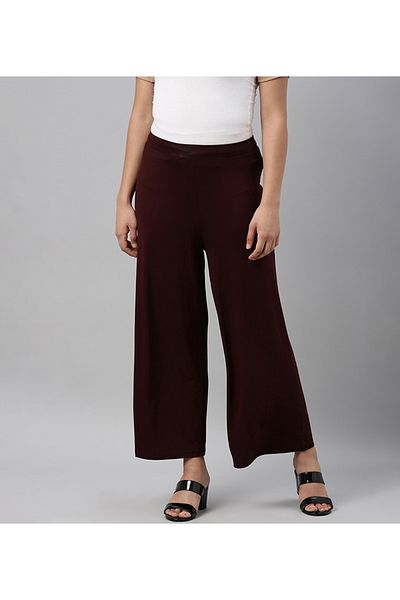 Go Colors Women's Solid Dark Wine Viscose Mid Rise Knit Palazzos
