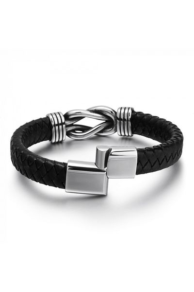 Tessero Genuine leather and stainless steel bracelet, metal knot pattern, magnetic fastening system, silver s