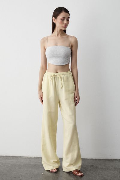 Laluvia Yellow Elastic Waist Cotton Linen Trousers - 3490