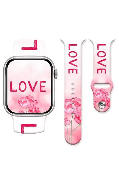 REDz Accessories Love Rose Strap for Apple Watch, Cartoon Print, Sport, Silicone, White and Pink - 44/45/46/49 mm