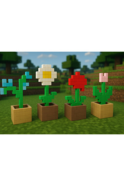 3D Stuff Minecraft 4 adet çiçek set - orchid - lale - papatya- kırmızı çiçek