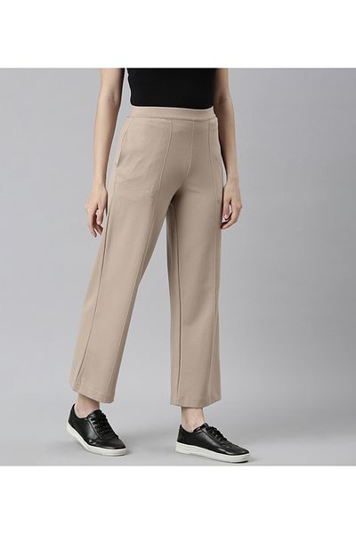 Go Colors Women's Solid Beige Ponte Wide Leg Pants