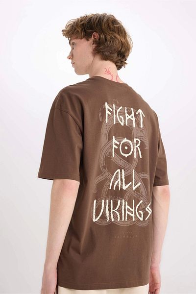 DeFacto E3279 Καφέ 100% βαμβάκι Vikings Valhalla Boxy Fit Crew λαιμόκοψη με κοντομάνικο μπλουζάκι