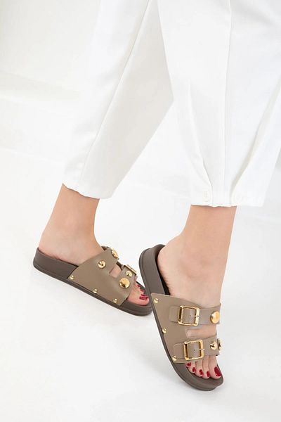 NOVİNS Women's Double Buckle Mounted Lightweight Pad Sole Slippers Summer Slippers