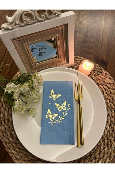 kidspartim Gold Gilded Blue Butterfly Leaf Detailed Napkin 16 Pieces