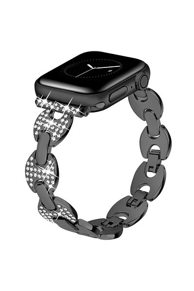 REDz Accessories Bling Rhinestone Strap for Apple Watch, Elegant Design, Round Links, Metal, Black - 42/44/45mm