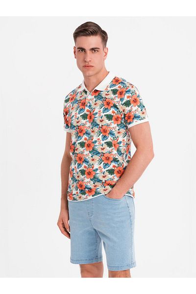 OMBRE Baumwoll-Poloshirt mit Blumendruck - weiß V1 OM-POSS-0149 XL