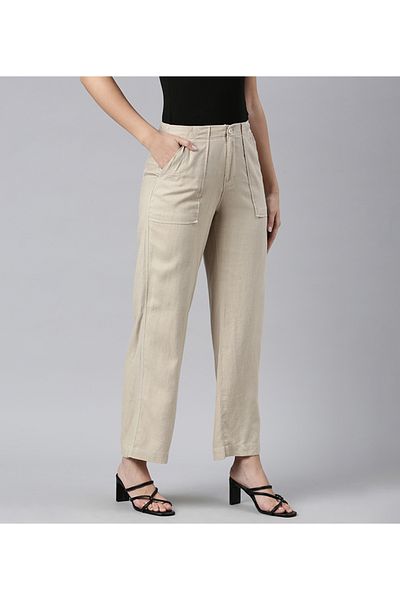 Go Colors Women's Light Beige Linen Cargo Pant