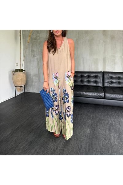 Lavanta Tekstil Floral Patterned Natural Beige Jumpsuit