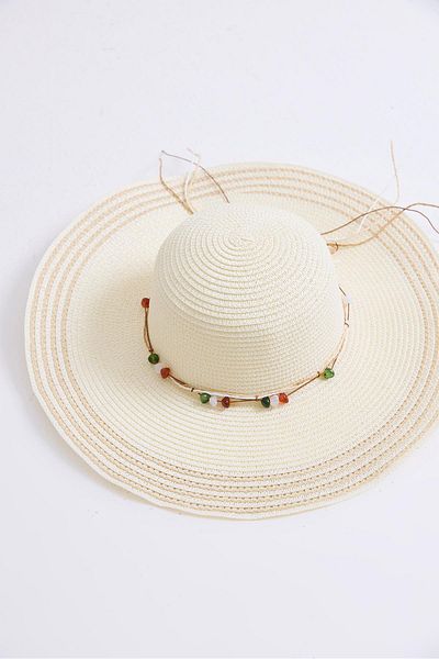 Raneel Kazançlı Alışveriş Bow Detailed Striped Straw Beach Pool Hat Cream