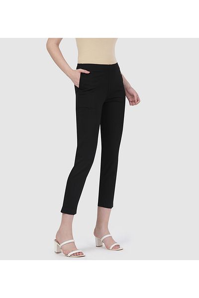 Go Colors Women's Solid Black Mid Rise Premium Kurti Pant