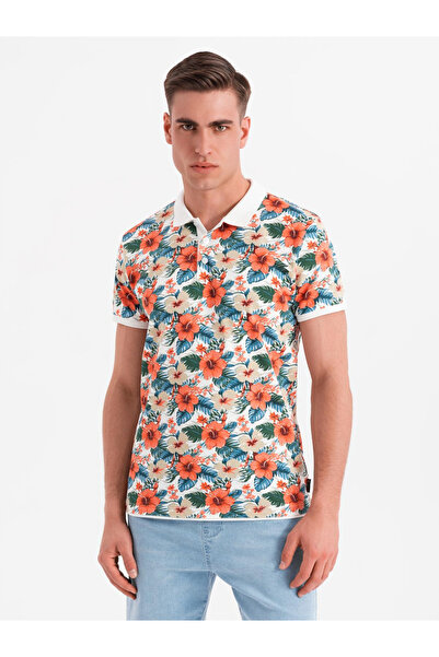 OMBRE Baumwoll-Poloshirt mit Blumendruck - weiß V1 OM-POSS-0149 XL