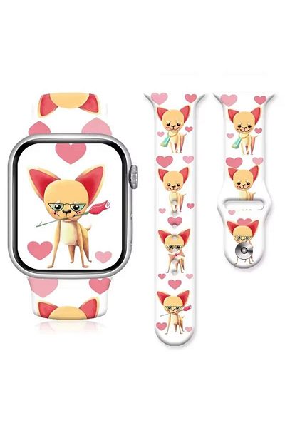 REDz Accessories Curea Love Cat pentru Apple Watch, Imprimeu de desene animate, Sport și reglabilă, Silicon, Alb - 38/40/41 mm