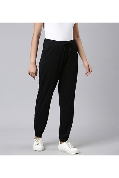 Go Colors Women's Solid Black Mid Rise Cotton Casual Joggers