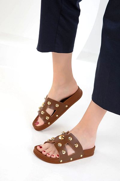 NOVİNS Women's H Model Stylish Buckle Mounted Comfortable Lightweight Pad Sole Slippers Women's Summer Slippers