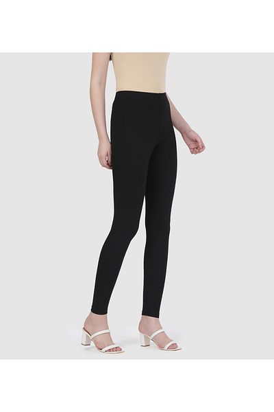 Go Colors Women's Solid Black Mid Rise Premium Leggings