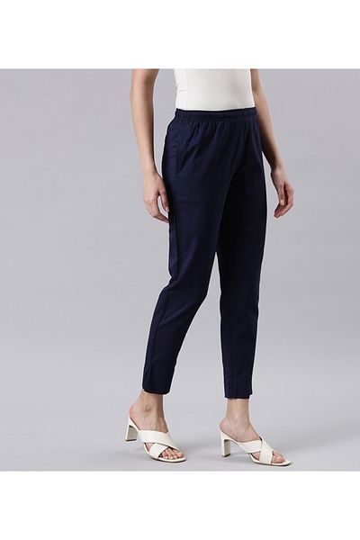 Go Colors Women's Solid Navy Cotton Pencil Pant