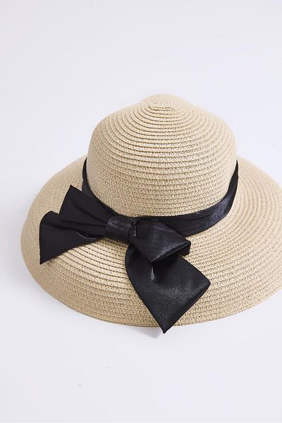 Raneel Kazançlı Alışveriş Bow Detailed Women's Straw Beach Pool Hat Beige