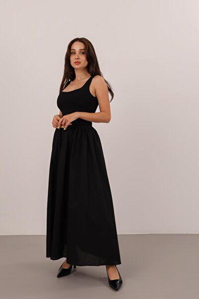 FACETTE Women's Black Contrast Midi Dress